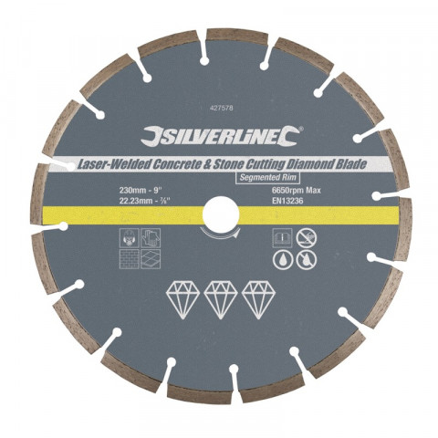 Disque diamanté à tronçonner le béton et la pierre soudé au laser - Segmenté 230 x 22,23 mm