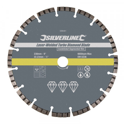 Disque diamanté à tronçonner soudé au laser bordure segmentée crénelée Turbo - 230 x 22,23 mm