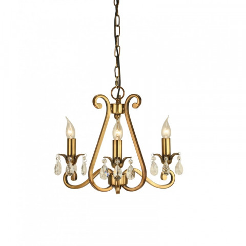Chandelier oksana, laiton antique, pendeloques cristal, 3 éclairages