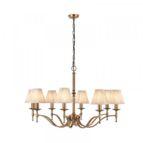 Suspension 8 ampoules stanford, laiton antique, abat-jour beiges