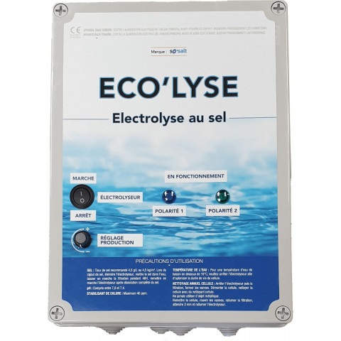Electrolyseur au sel pour piscine jusqu'à 60 m3, 4 gr/l, production 11 gr/l, modèle eco'lyse 60 de bypiscine