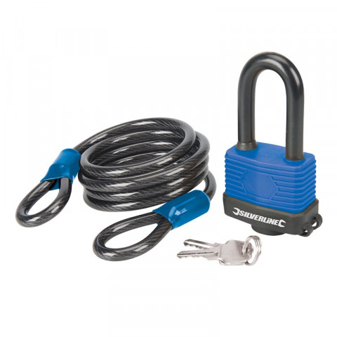 Ensemble 2 pcs : câble de sécurité en acier et cadenas résistant aux intempéries
