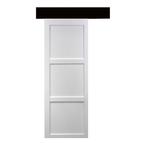 Porte coulissante "korya" blanc 3 panneaux 204x83 avec rail aluminium bandeau noir + coquilles