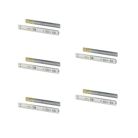 Lot de 5 jeux de coulisses pour tiroirs, roulement à billes, hauteur 45mm, profondeur 400mm, à sortie totale, avec push, fermeture amortie, zingué