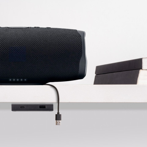 Connecteur USB A+C Linky (81x12mm), 5V DC 2A (10W), Plastique noir, Plastique