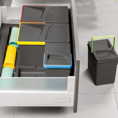Kit poubelle de tri sélectif pour tiroir de cuisine avec socle Recycle hauteur 216mm, 2x12litres, 2x6litres, module 800mm, Plastique gris anthracite