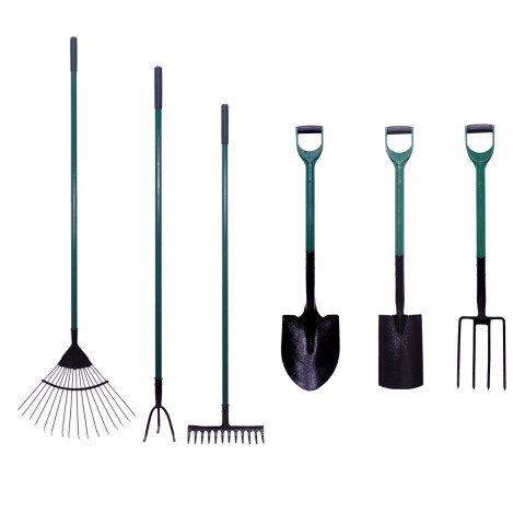 Garden lot d'outils de jardinage   -   pelle ronde + fourche à bêcher + bêche + râteau + râteau à feuilles + griffe 3 dents