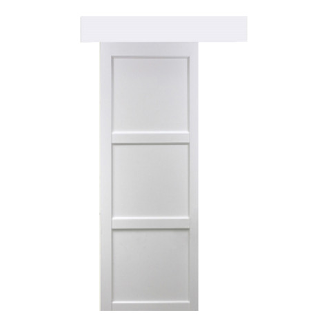 Porte coulissante "korya" blanc 3 panneaux 204x83 avec rail aluminium bandeau blanc + coquilles