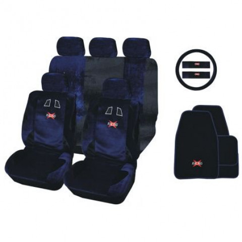 Housse de siège auto sport racing bleu et noir 16 pièces