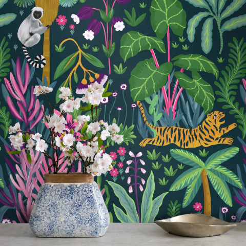 Papier peint jungle tropicale avec des singes et des tigres - TIGER++