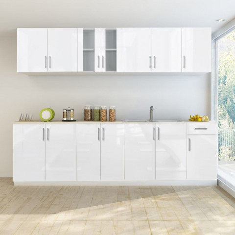 Vidaxl armoire de cuisine avec évier 8 pcs blanc haut brillance 260 cm