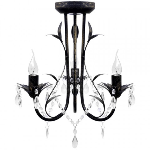 Vidaxl lustre métal noir style art nouveau + perles crystal 3 x e14 ampoules