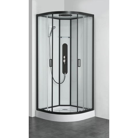 Cabine de douche complète quart de rond 90x90x225 cm verre transparent neutre profil noir Uyuni