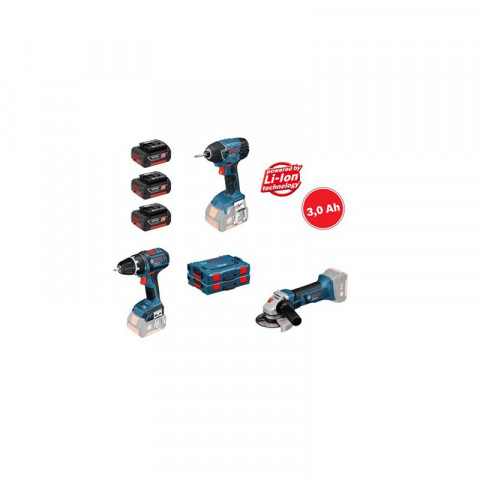 Kit 3 outils BOSCH perceuse visseuse GSR + Visseuse à chocs GDR + Meuleuse GWS + 3 Batteries 18V 3.0Ah - 0615990GV1
