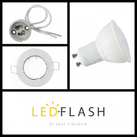Kit spot led GU10 5 watt (eq. 50 watt) - Support blanc - Couleur eclairage - Blanc chaud 3000°K, Type Support - Rond orientable 92mm
