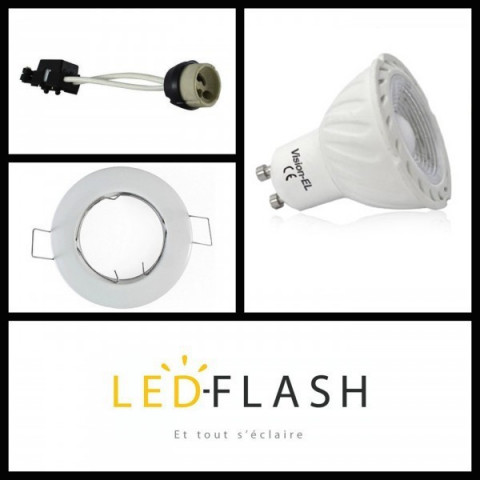 Kit spot led GU10 COB 5 watt (eq. 50 watt) Dimmable - Support blanc - Couleur eclairage - Blanc chaud 2700°K, Type Support - Rond orientable 92mm