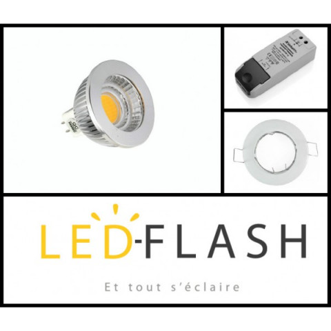 Kit spot led GU5.3 COB 5 watt Dimmable - Couleur eclairage - Blanc chaud 3000°K, Finition - Blanc, Type Support - Rond fixe 78mm