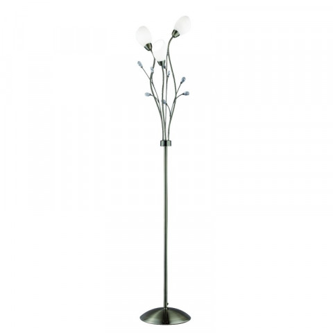 Lampadaire gardenia, en laiton antique, verre blanc et cristal