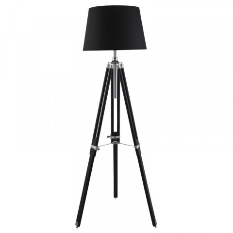 Lampadaire tripod, noir, chrome, avec abat-jour noir