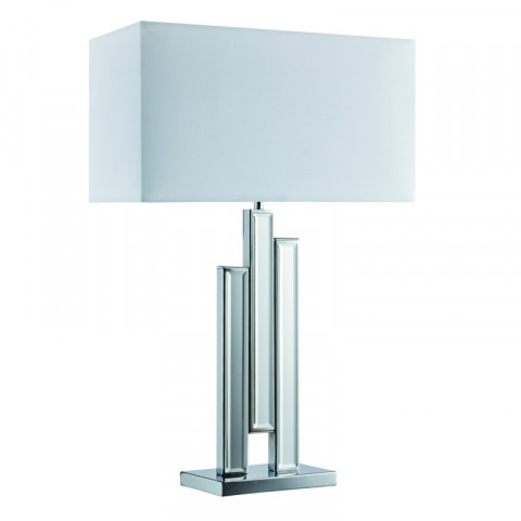 Lampe de table colonne miroir et chrome, abat-jour simili soie blanche