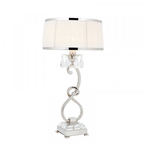 Lampe de table oksana, 61cm, nickel poli, pampilles cristal, abat-jour blanc