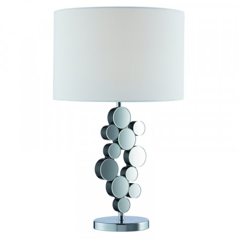 Lampe de table pied aux cercles chrome et miroir, abat-jour blanc
