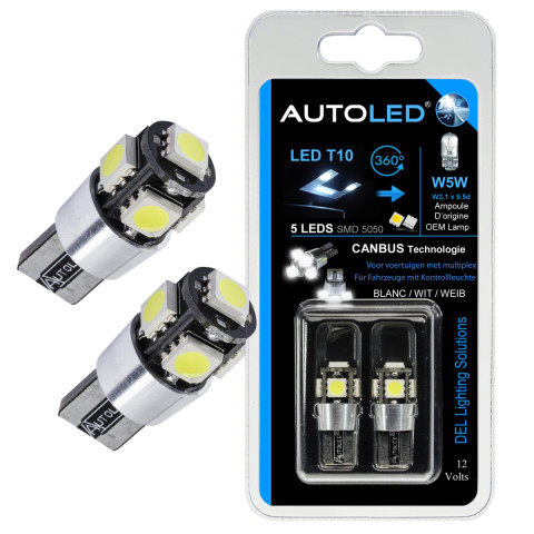 Ampoules led t10(w5w) canbus 5 leds / feux de position /plaque /habitacle autoled®