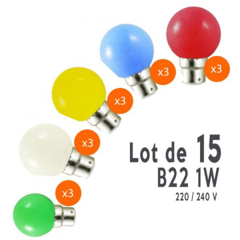 Lot de 15 ampoules led B22 pour guirlande lumineuse (5 couleurs différentes) - Couleur eclairage - RGB