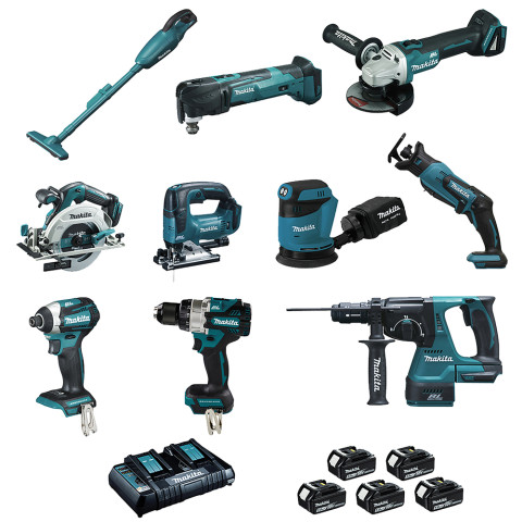 Ensemble de 10 machines 18V (DCL180 + DHP486 + DTD154 + DGA506 + DHS680 + DHR243 + DTM51 + DJR183 + DJV182 + DBO180) - MAKITA - avec 5 batteries 18v 5Ah et Makpac- LOT0309