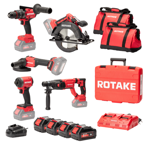 Ensemble de 5 machines ROTAKE 18V - Perceuse visseuse à percussion D2H-50D + Meuleuse G1-125 + PERFORATEUR 8902 + Scie circulaire 8303 + Visseuse à chocs S1 - ROTAKE - avec 4 batteries 18V 5Ah + chargeur double + 2 sacs de transport - LOT01