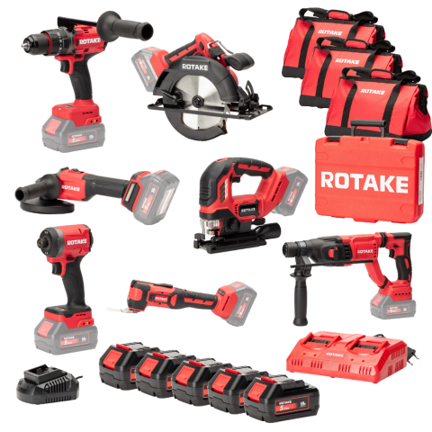 Ensemble de 7 machines ROTAKE 18V - Perceuse visseuse à percussion D2H + Meuleuse 125 + PERFORATEUR + Scie circulaire + Visseuse à chocs + Scie sauteuse + Outil multifonction - ROTAKE - avec 3 batteries 18V 5Ah + chargeur double + 3 sacs - LOT02