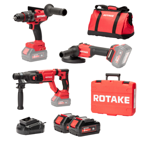Ensemble de 3 machines ROTAKE 18V - Perceuse visseuse à percussion D2H-50D + Meuleuse G1-125 + Perforateur 8902 + 2 batteries 18V 5Ah - ROTAKE avec 1 sac de transport - LOT05