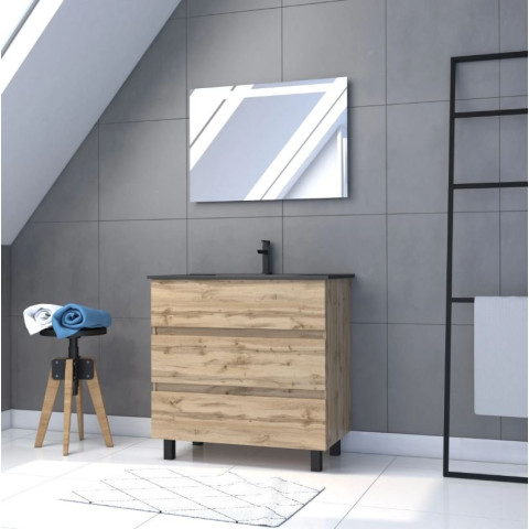Meuble salle de bains 80cm décor chêne naturel 3 tiroirs - Vasque noire et Miroir Led - TIMBER Aurlane - PACM228