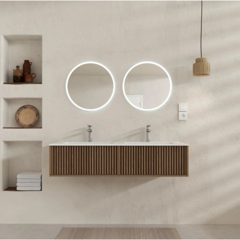 Meuble salle de bains YUKI 120 - 2 Tiroirs décor chêne et noir - Vasque Blanche - Miroirs LED 50 - YUKI Aurlane - PACM881