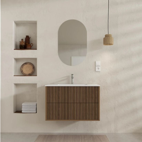 Meuble salle de bains YUKI 60 - 2 Tiroirs décor chêne et noir - Vasque Blanche - Miroir ovale 50x80 - YUKI Aurlane - PACM882