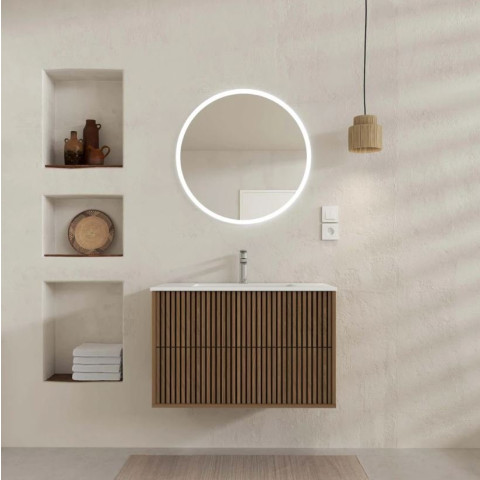 Meuble salle de bains YUKI 80 - 2 Tiroirs décor chêne et noir - Vasque Blanche - Miroir LED 70 - YUKI Aurlane - PACM880