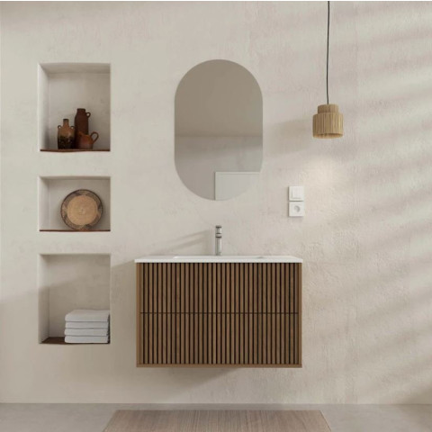 Meuble salle de bains YUKI 80 - 2 Tiroirs décor chêne et noir - Vasque Blanche - Miroir ovale 50x80 - YUKI Aurlane - PACM883