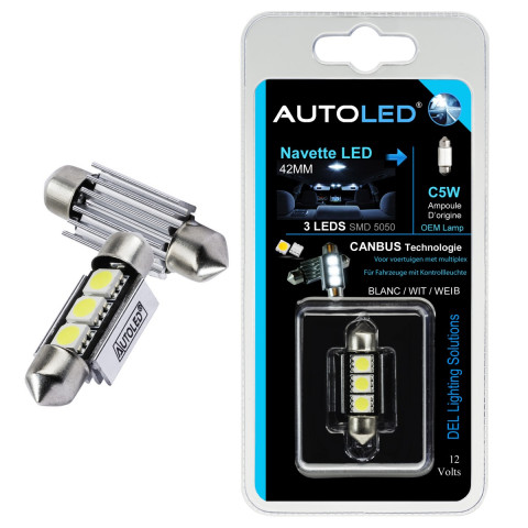 Ampoule navette led 42mm canbus / anti-erreur /3 leds /plaque / habitacle autoled®