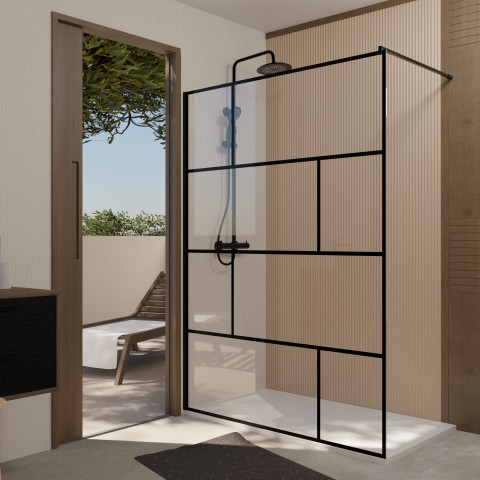 Paroi de douche serigraphie brique 140x195cm - verre anti-calcaire 8mm - profilé noir mat Aurlane - FAC1026