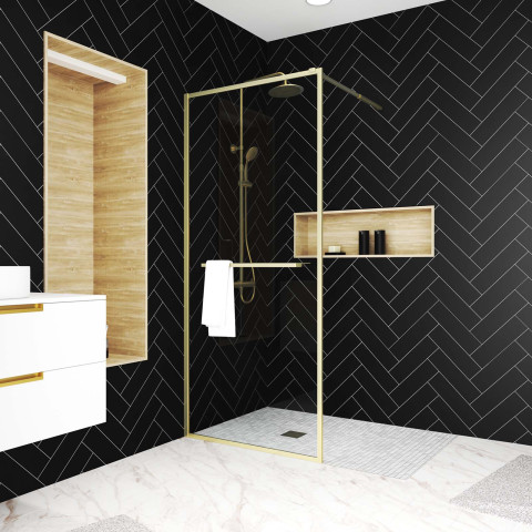 Paroi de douche or doré brossé 100x200cm - porte-serviette et etagère Aurlane - FAC1019