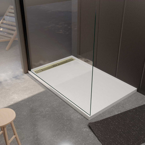 Receveur blanc effet granite en résine epoxy 80x140x3 cm + grille linéaire or brossé Aurlane - PACR294
