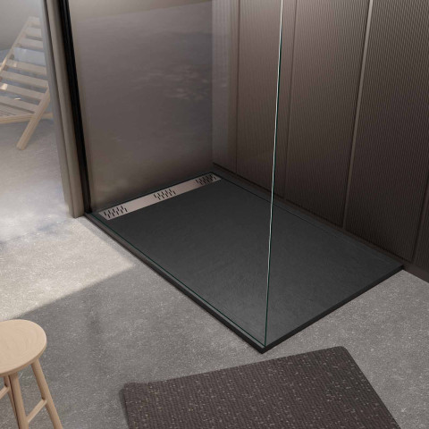 Receveur noir effet granite en résine epoxy 80x140x3 cm + grille linéaire chrome Aurlane - PACR270