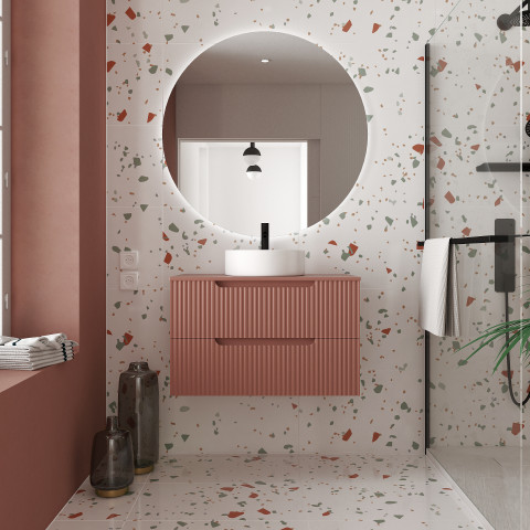 Meuble de salle de bains leon 80cm terracotta - 2 tiroirs en mdf ondulés - vasque ronde ø36cm Aurlane - PACM724