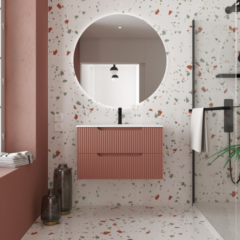 Meuble de Salle de Bains LEON 80cm Terracotta – 2 Tiroirs en MDF Ondulés – Vasque à encastrer Aurlane - PACM730