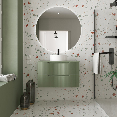 Meuble de salle de bains leon 80cm vert olive - 2 tiroirs en mdf ondulés - vasque ronde ø36cm Aurlane - PACM726