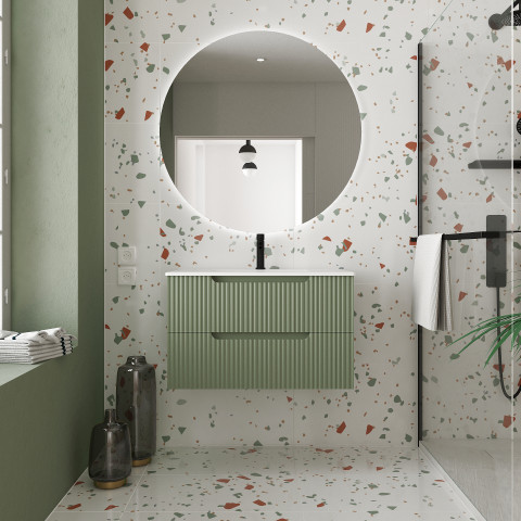 Meuble de salle de bains leon 80cm vert olive - 2 tiroirs en mdf ondulés - vasque à encastrer Aurlane - PACM732