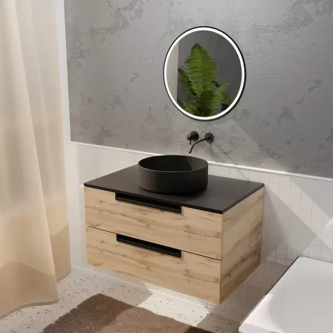 Meuble salle de bains 80cm décor bois et noir, 2 tiroirs, vasque noire ø36cm et miroir led ø50cm Aurlane - PACM776