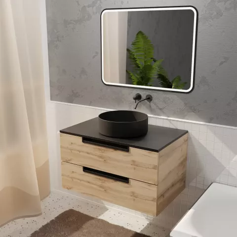 Meuble salle de bains 80cm décor bois et noir, 2 tiroirs, vasque noire ø36cm et miroir led 80x60cm Aurlane - PACM777