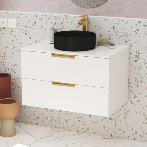 Meuble salle de bains 80 cm laqué blanc et or doré - 2 tiroirs - vasque ronde à poser noire