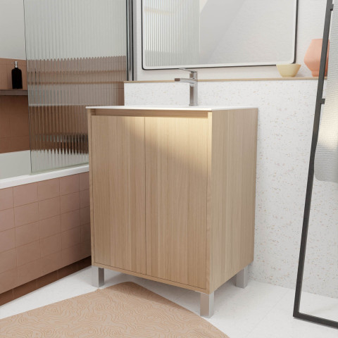 Pack meuble salle de bains 60 cm chêne clair, 2 portes avec vasque céramique - xenos Aurlane - PACM682